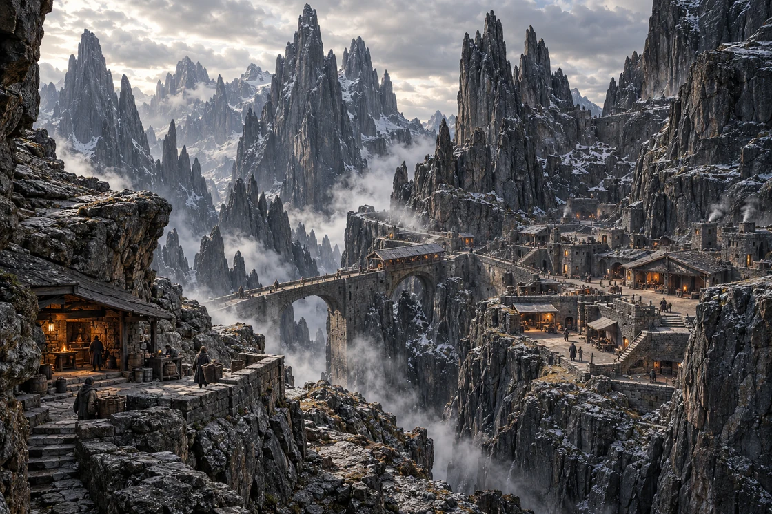 Basalt needles, protected bridges and warm windows above a misty gorge