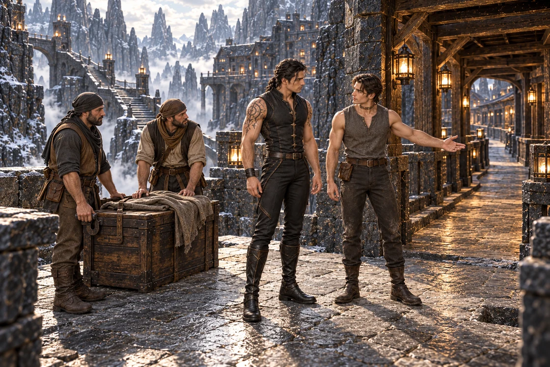 Saevren points toward a sheltered gallery as Aedrin listens and two porters rest their chest beside an exposed shortcut.