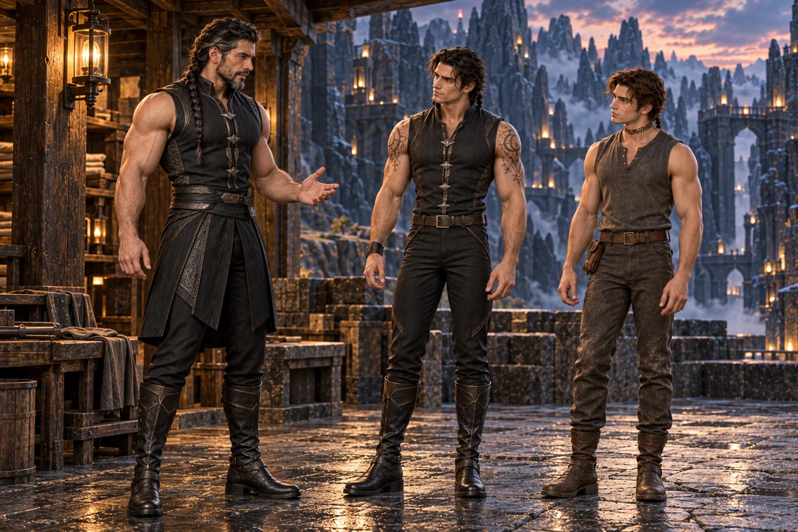 Dhaurven speaks firmly to Aedrin with an open hand while Saevren listens beside them at the upper shelter.