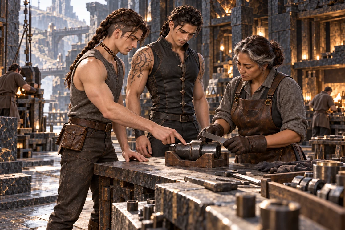 Saevren indicates a crack in a metal coupling while a veteran craftswoman examines it and Aedrin watches.