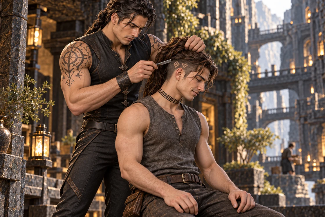 Aedrin carefully shaves angular motifs above Saevren’s ear.