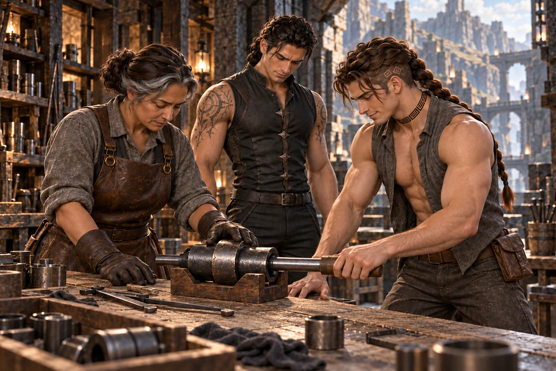 Saevren passes a mandrel through a repaired metal coupling held by the craftswoman, with Aedrin watching.