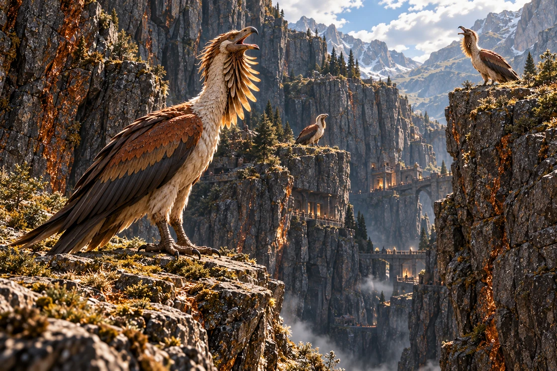 A Skeldrath calls across a rocky basin toward another bird on a distant ledge.