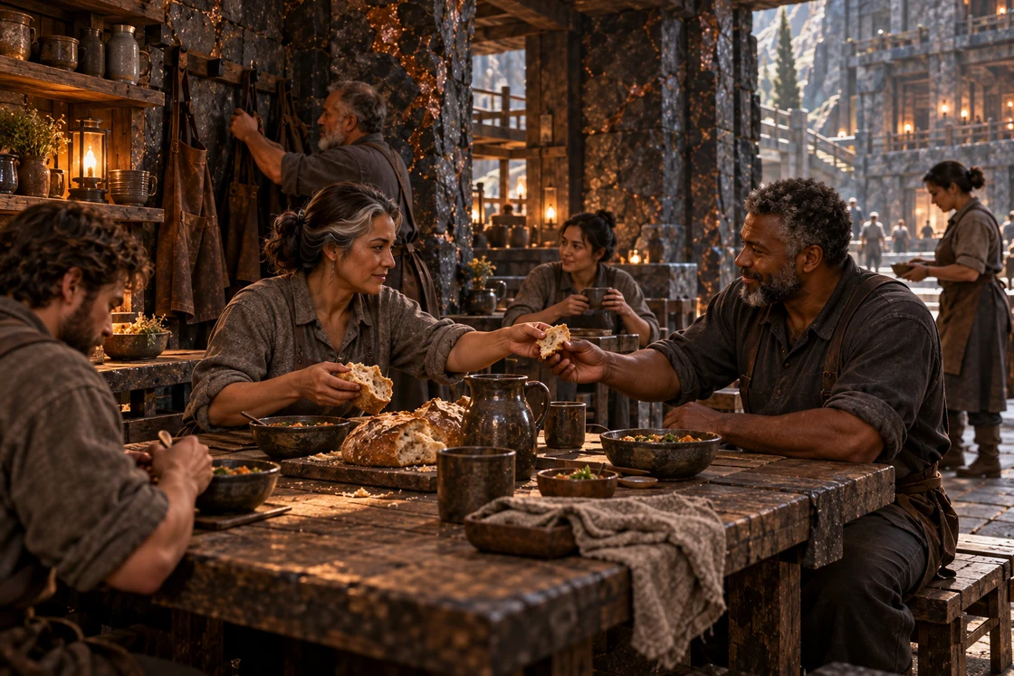 Two workshop artisans share bread at a communal table with other residents nearby.