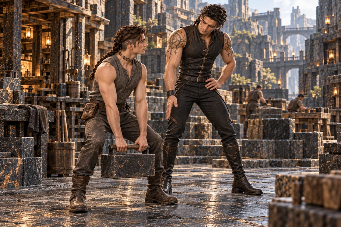Saevren holds a handled basalt weight while Aedrin guides his stance.