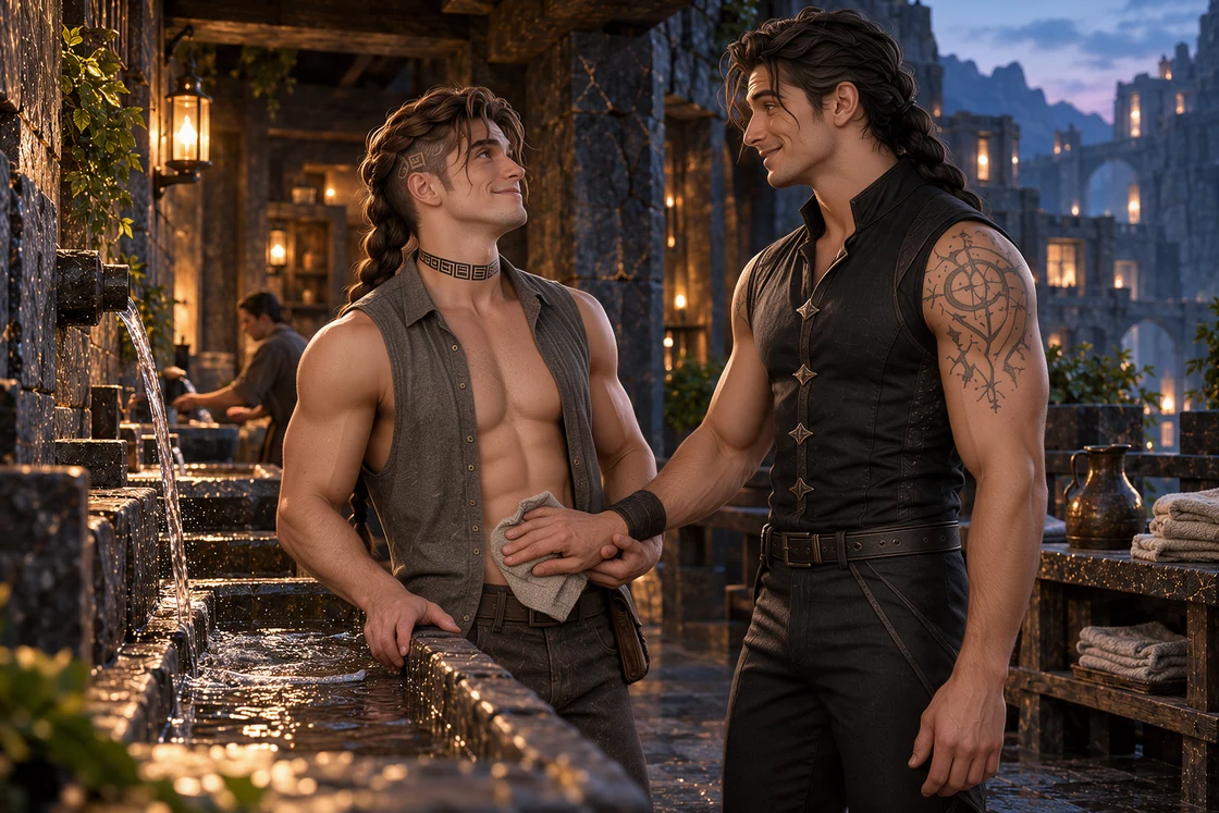 Saevren guides Aedrin’s cloth-holding hand onto his abdomen beside the stone basin.