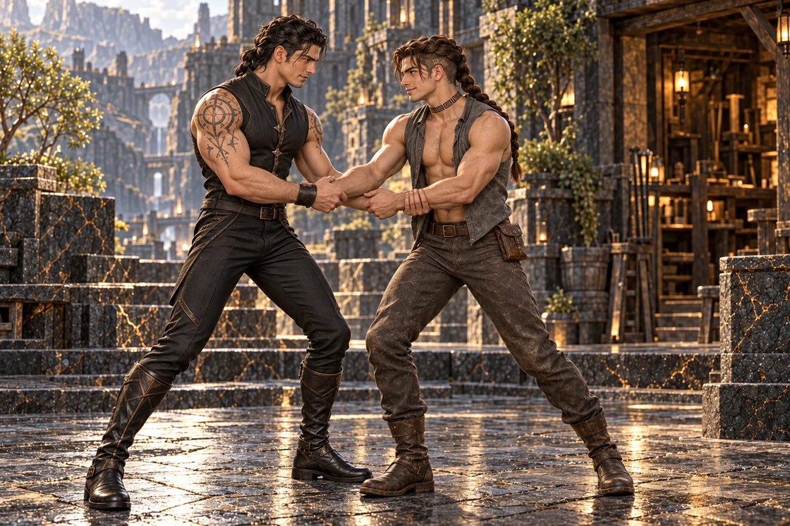 Aedrin and Saevren face one another in a resistance exercise, gripping forearms as Saevren braces his stance.