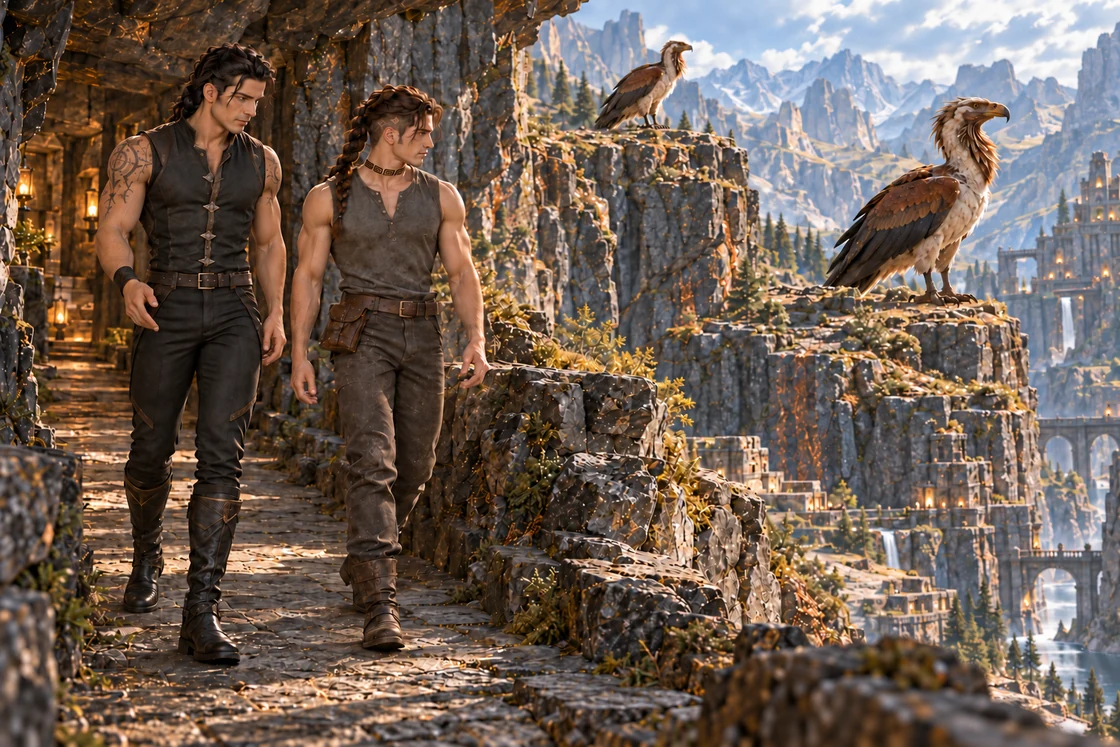 Aedrin and Saevren walk along a protected path, leaving the Skeldrath undisturbed on nearby ledges.
