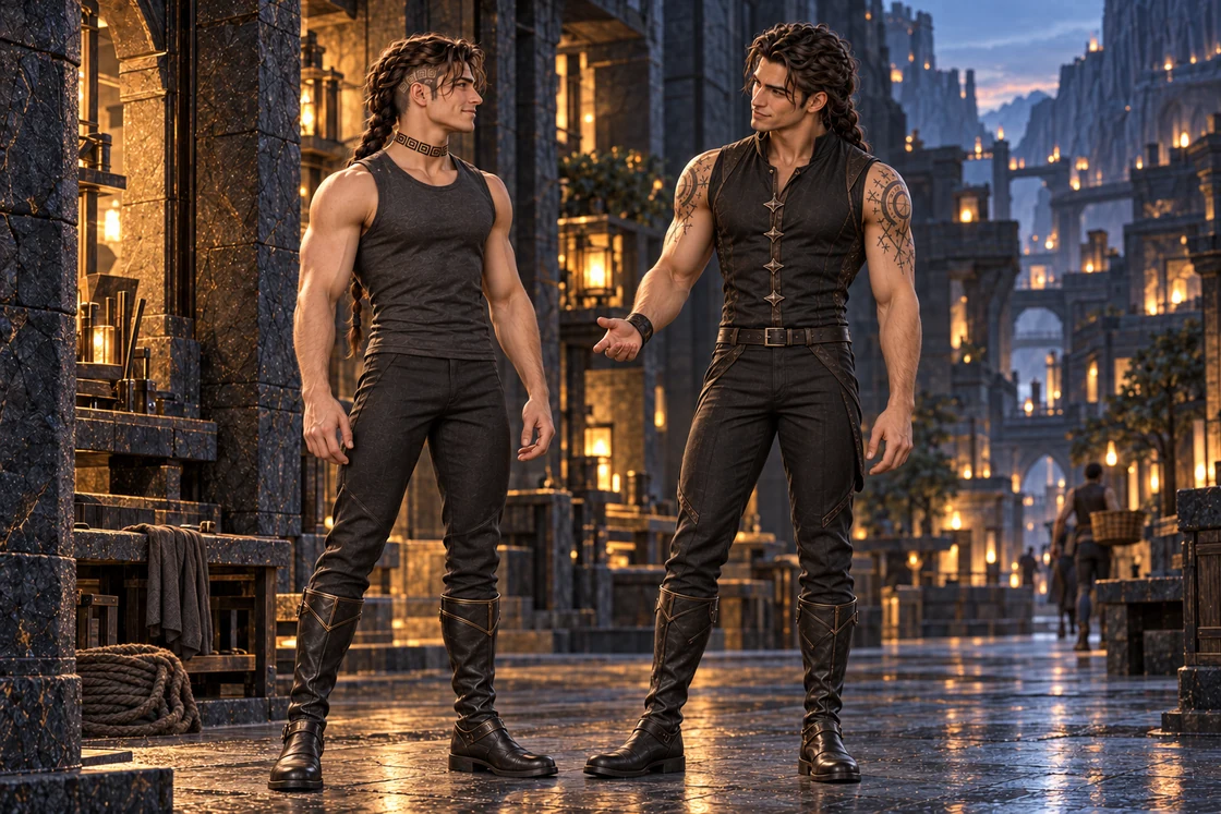 Saevren stands firmly in his compression outfit and tall boots, meeting Aedrin’s approving gaze in a basalt court.
