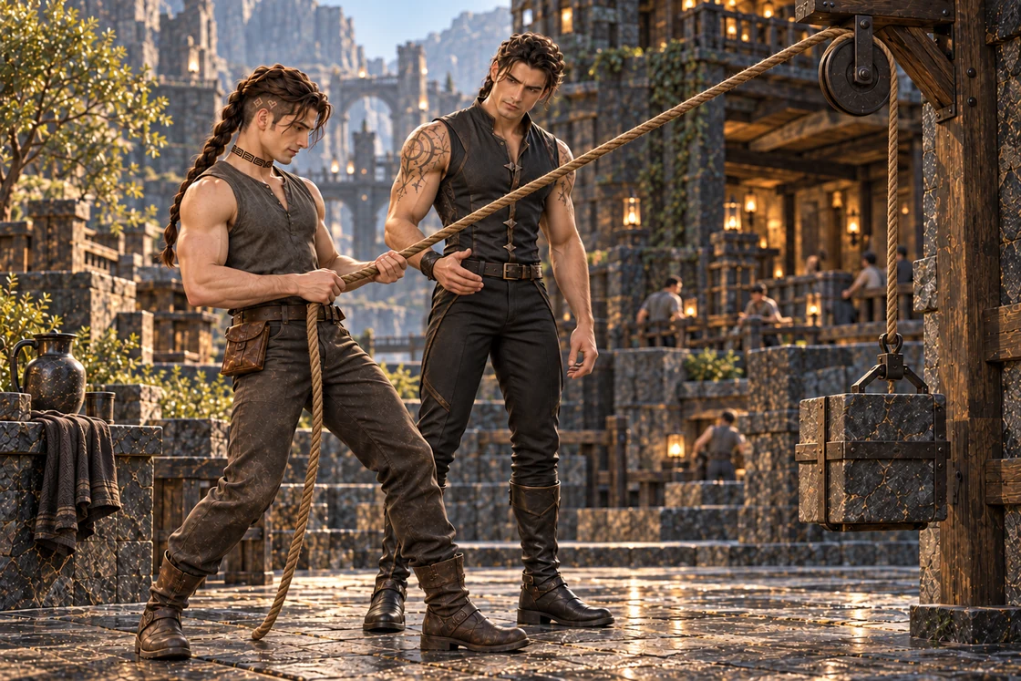 Saevren pulls a rope against a stone counterweight as Aedrin observes his controlled effort.