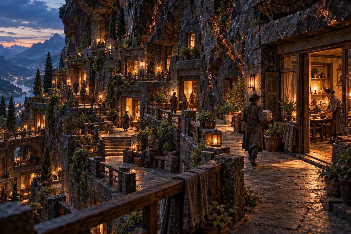 Warm windows and domestic terraces brighten a basalt mountainside at dusk as residents carry linen and prepare meals.