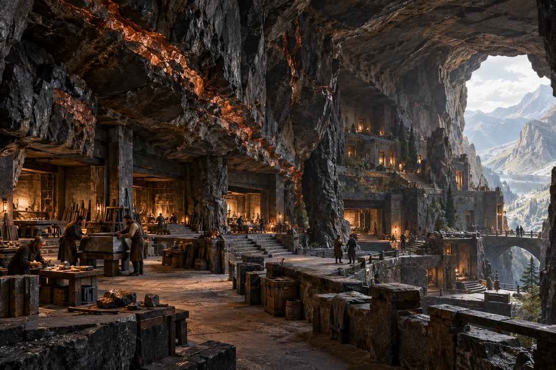 Workshops and warm homes beneath copper-veined basalt
