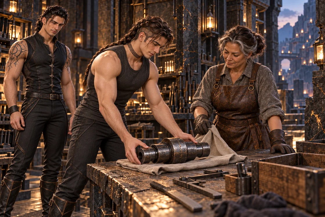 Saevren places a finished coupling on a cloth while the craftswoman prepares to wrap it and Aedrin observes.