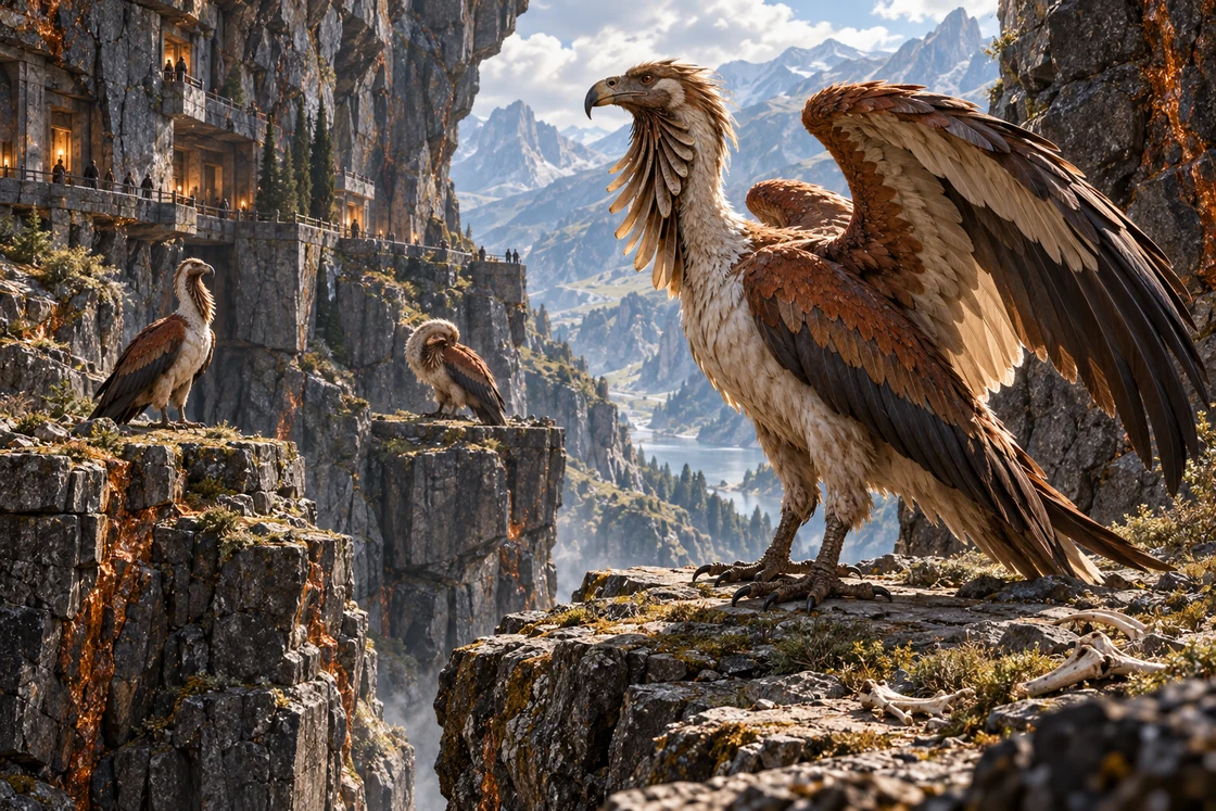 Three immense Skeldrath perch on rocky ledges, one partly opening its wings and throat fan.