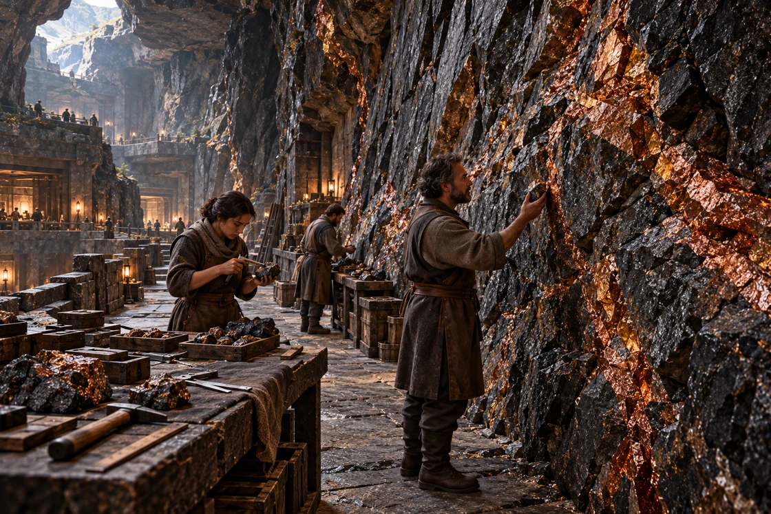Workers examine samples beside a monumental mineral wall in the Vein Chamber.