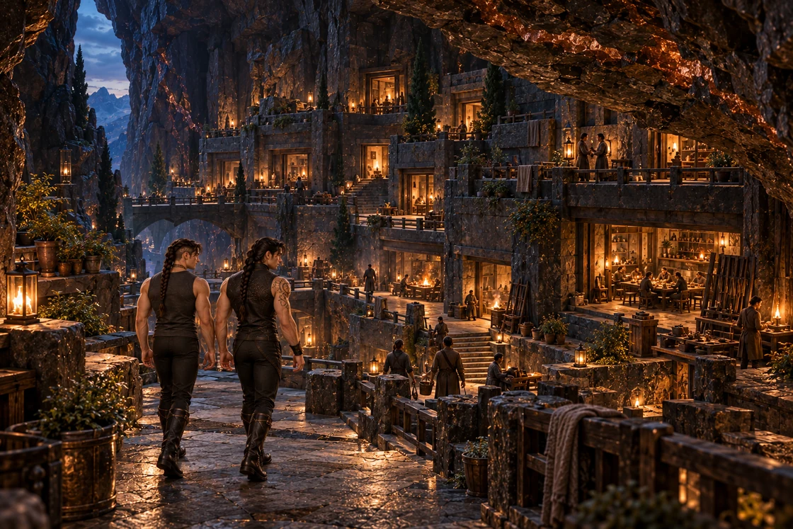 Aedrin and Saevren walk into an inhabited basalt basin filled with warm windows, workshops and shared evening tables.