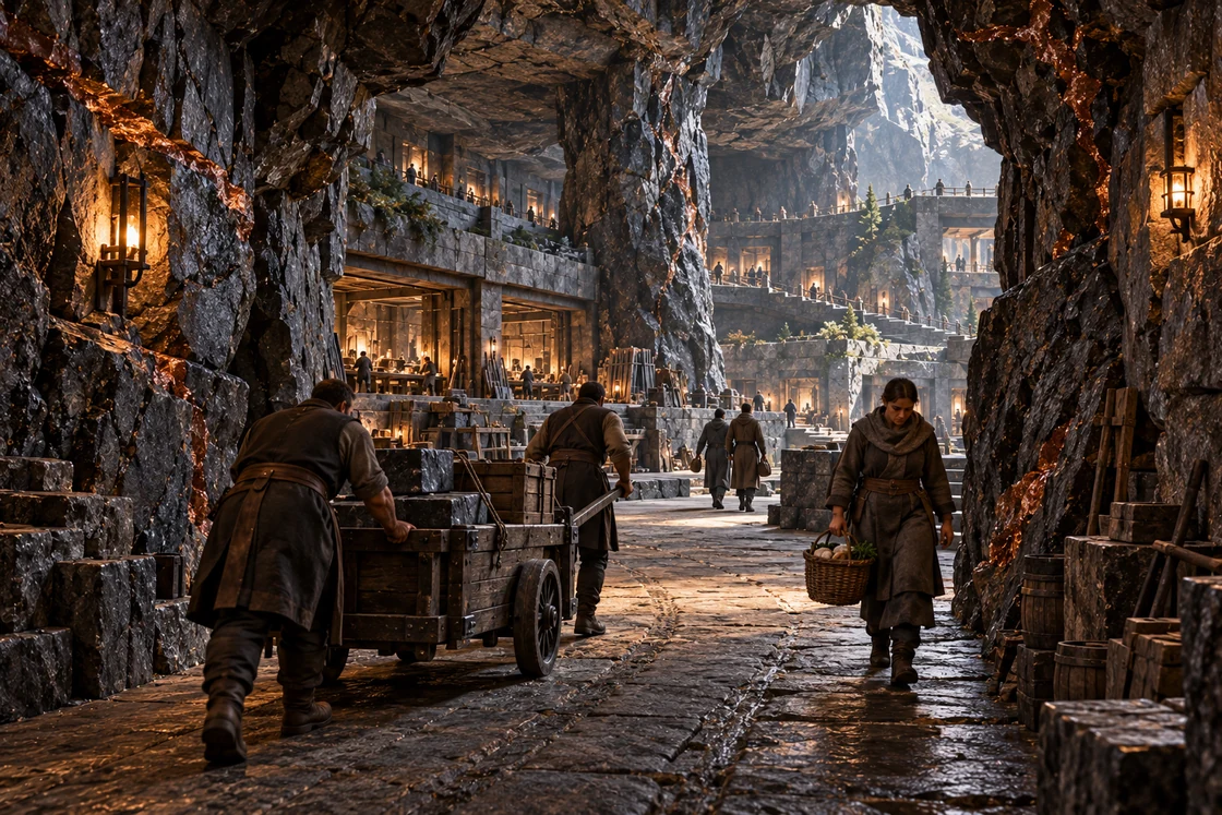 Residents and a cart move through a narrow basalt passage into the workshop district.