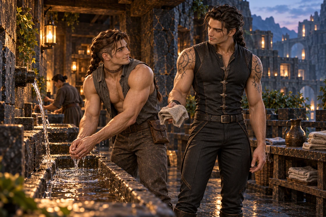Saevren washes his hands at a stone basin while Aedrin offers him a cloth.
