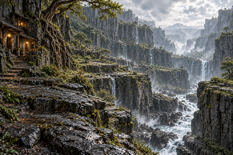 Beyond the rooted homes, the gorge opens into a sweep of basalt ledges, falling water and scattered trees. A wet stone path follows the last sheltered rooms toward the open escarpment.