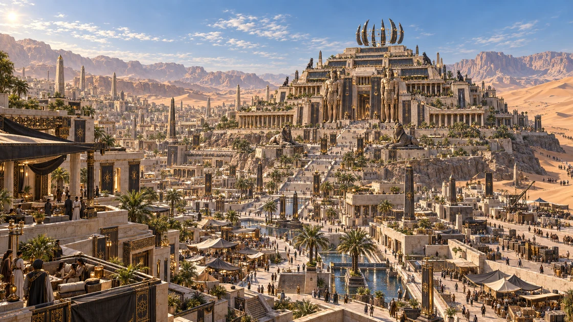 Akheryn and the Temple of the Astral Crown above the inhabited basin