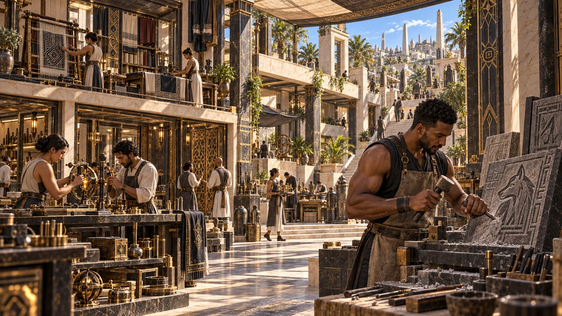 Stoneworkers and instrument makers work in open courts, maintaining the craft and equipment on which the city depends.