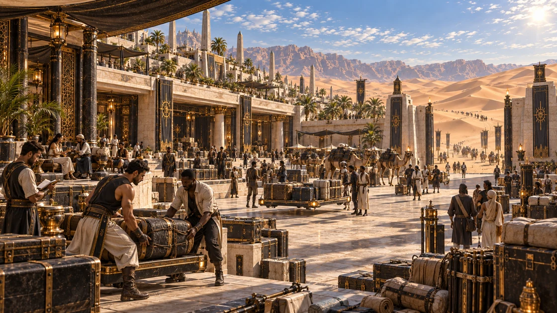 Travellers arriving from the wandering dunes find shade, receiving courts and space to rest while supplies enter the city.