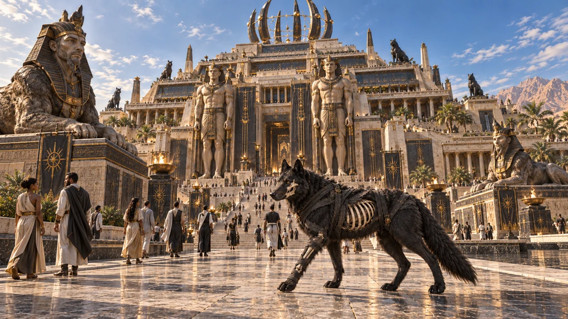 Nekhvar crosses the entrance court beneath monumental guardians, moving among the people approaching the temple.