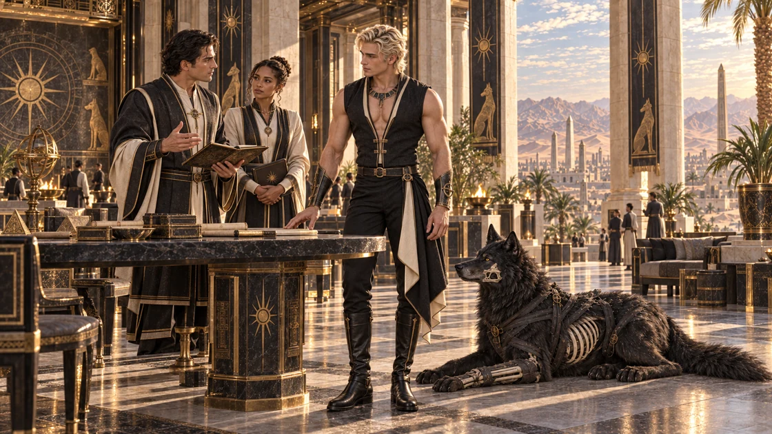 Rhaevan meets two officials at the working table beneath the high windows. Nekhvar rests nearby while the affairs of Khemetra continue.