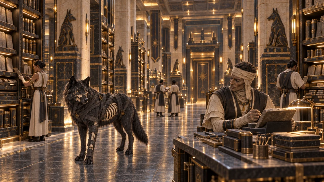 A consciously preserved archivist works among illuminated records. Loose, aged wrappings and the marks of preservation reveal a life of continuing memory as Nekhvar passes.