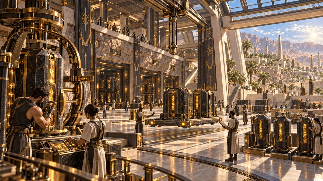 Specialists inspect charged materials and storage instruments beneath bronze resonance frames. Here, the recovered magic is received and distributed.