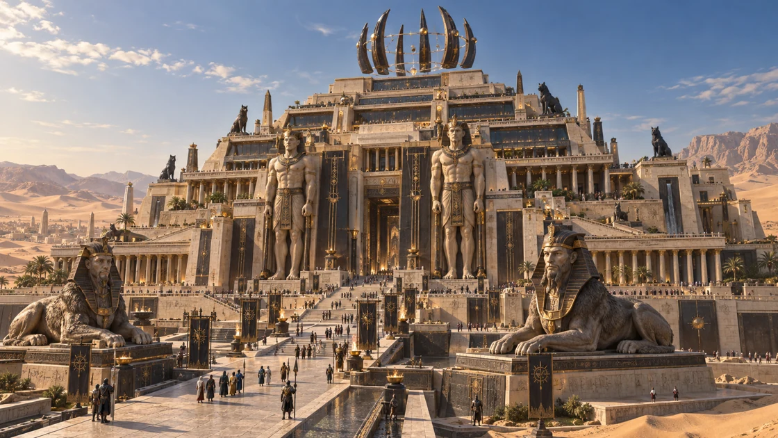 Colossi and wolf-shaped guardians flank the stepped temple. Above its inhabited terraces, dark blades and bronze rings frame an open crown.