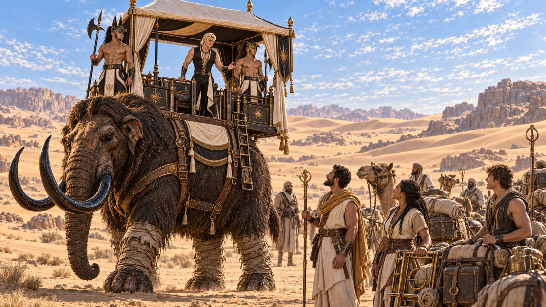 A caravan meets the travellers among the dunes. Rhaevan pauses above the sand as the first greetings pass between the pavilion and the collectors below.