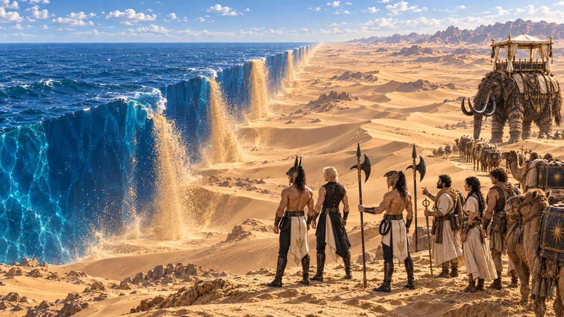 Lazrien’s perfect blue sea ends at the suture. Some water crosses the boundary and becomes a falling curtain of sand as the caravan watches from Serekh.