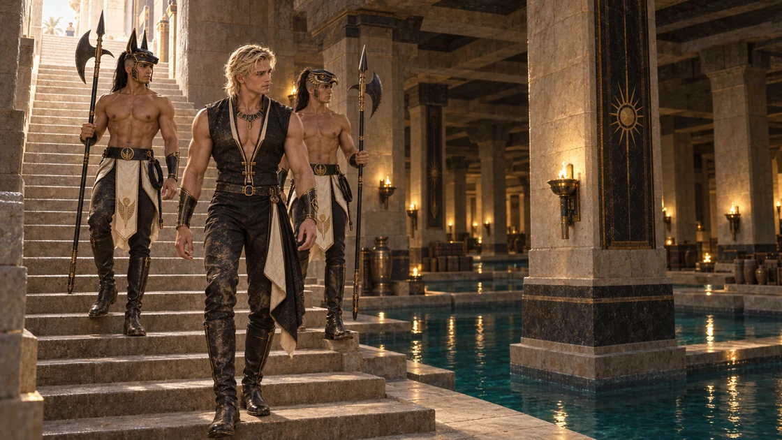 Rhaevan and his guards descend beneath the bright courts. Warm lamps reveal the still cisterns and the great stone pillars of the Deep Foundations.