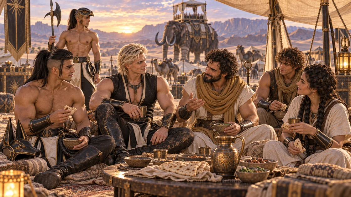 Bread, water and conversation pass beneath a shared canopy as the light softens. Rhaevan rests among the collectors while the watch continues nearby.