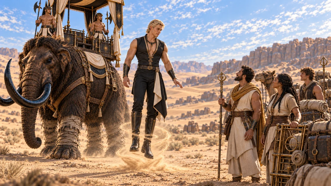 A gentle spiral of sand carries Rhaevan down from the pavilion. From here, he will share the caravan’s pace on foot, with Kharum following behind.
