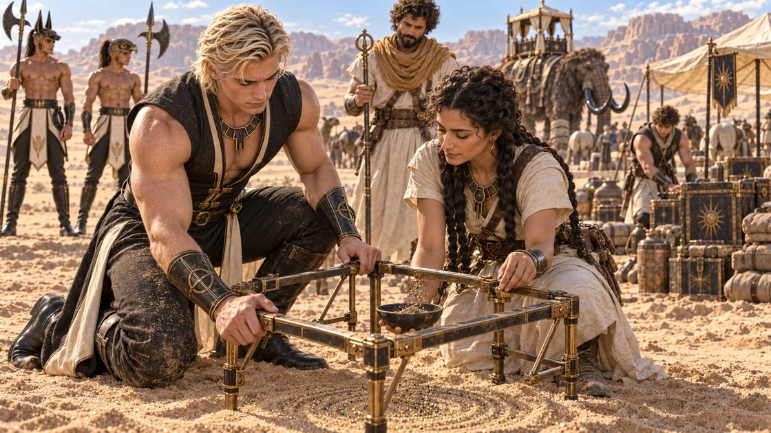 A portable frame steadies above the sand as a collector adjusts its resonance. Rhaevan holds the structure while a small harvest gathers within reach.
