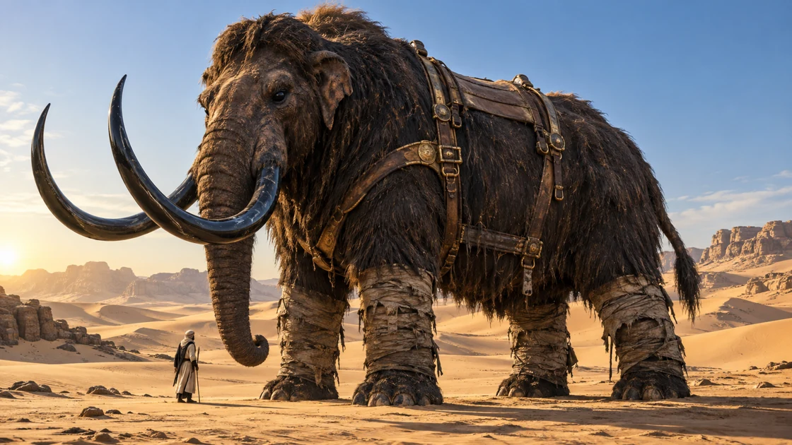 Ancient wrappings surround Kharum’s massive legs. Deep black eyes and curved obsidian tusks distinguish the companion who carries Rhaevan’s travelling pavilion.