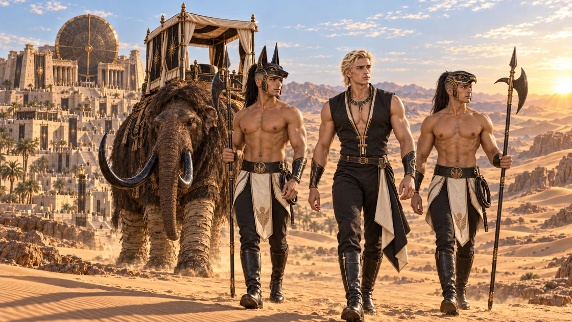 Their full travelling attire restored, Rhaevan and his guards leave the temple on foot. Kharum follows with the empty pavilion as another part of Khemetra waits beyond the dunes.