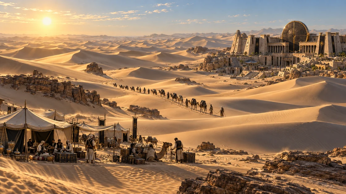 Caravans and portable camps beneath the Temple of the Buried Sun