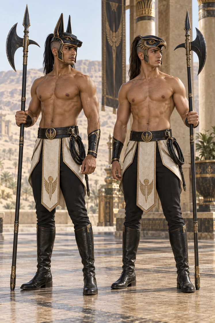 Jackal and falcon helmets distinguish the two guards who accompany Rhaevan through Khemetra. Protection and personal care share a place in their service.
