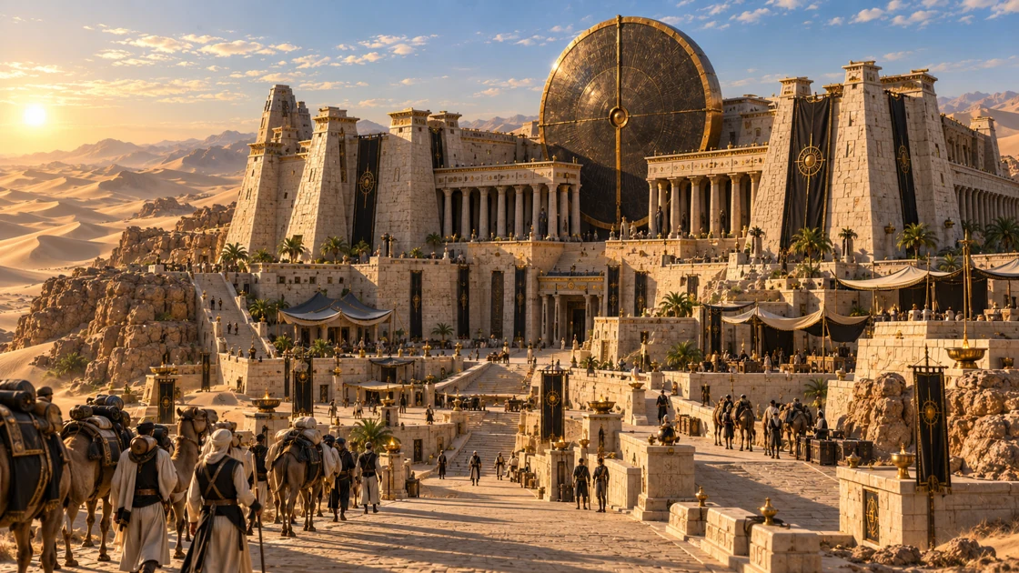 A great bronze disc rises above pale pylons, colonnades and inhabited terraces. Caravans gather at the temple to rest, receive guidance and bring in their harvest.