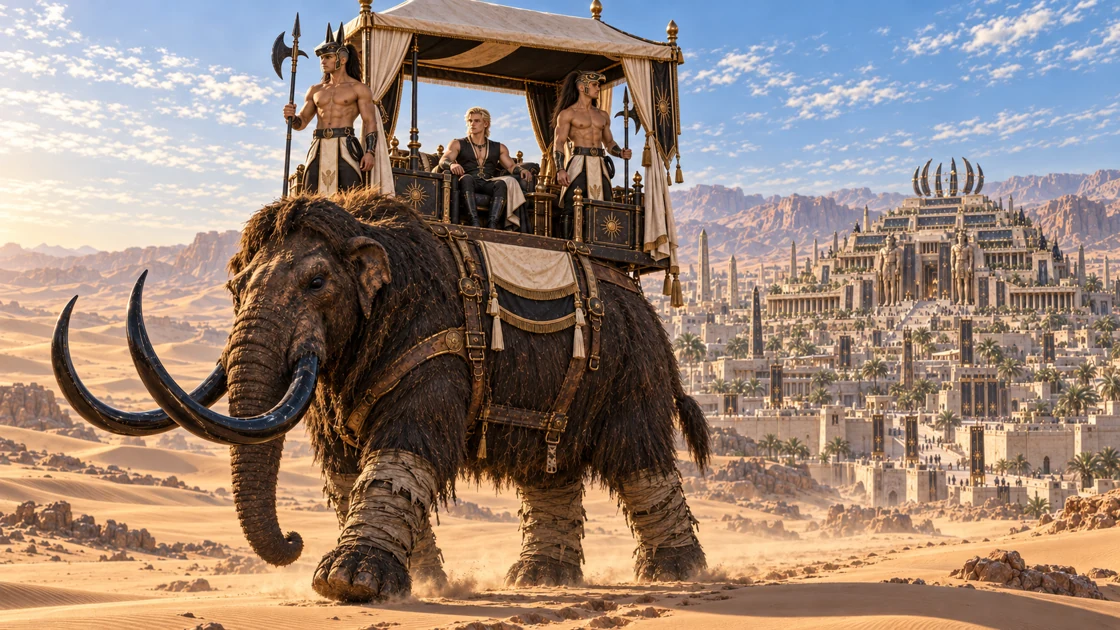 The Astral Crown recedes behind Kharum as Rhaevan leaves Akheryn. The dunes open ahead of the pavilion and its two watchful guards.
