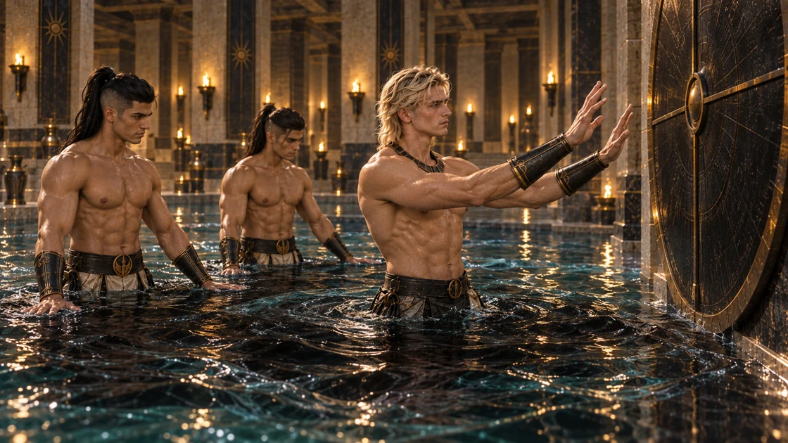 Rhaevan raises his hands before a black disc. Behind him, the guards touch the darkening water as ripples spread through the hall; their place in the rite is deliberate.