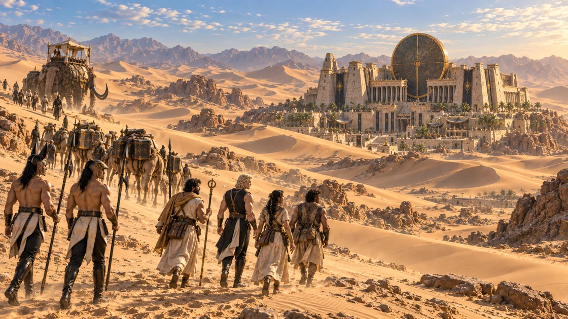 The bronze disc appears beyond the dune crests. Rhaevan approaches on foot beside the caravan, with Kharum closing the distance behind them.