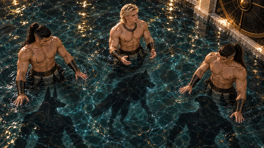 Black droplets trace the three bodies. Beneath the shifting reflections, jackal, falcon and wolf forms become visible in the water, each aligned with one participant.