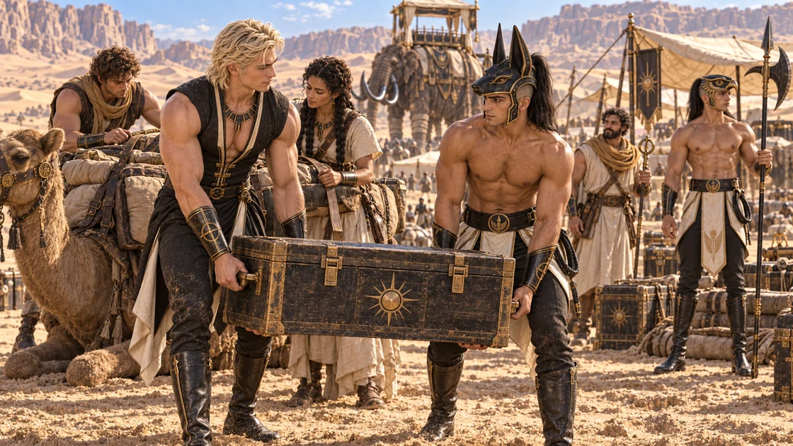 Rhaevan and the jackal guard lift a packed case together. The others prepare straps and animals for the next stretch of the journey.