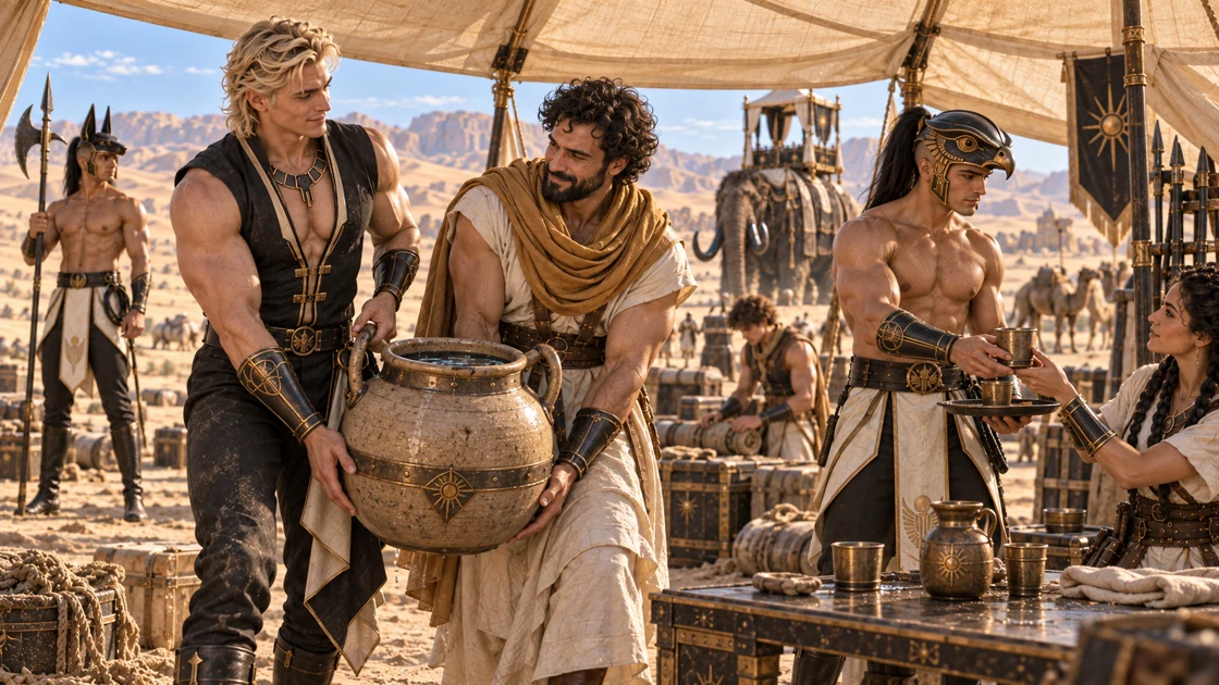 Rhaevan shares the weight of a water vessel with a collector. Around them, the camp finds a brief pause between one task and the next.