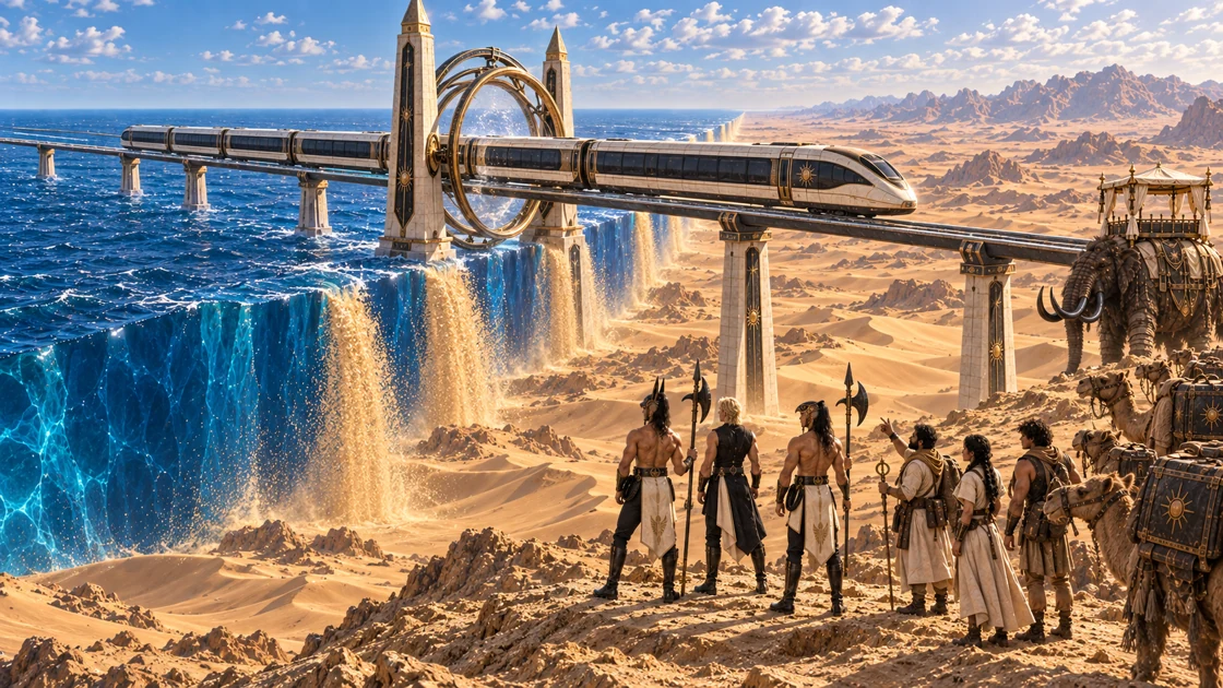 A levitating train passes from sea to desert along an elevated crossing. The caravan pauses beneath the route, where blue water gives way to falling sand.