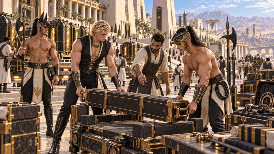 Storage cores and precision instruments are prepared for the routes to Akheryn and Setharyn. Rhaevan and the falcon-helmed guard help lift a case onto the waiting cargo platform.